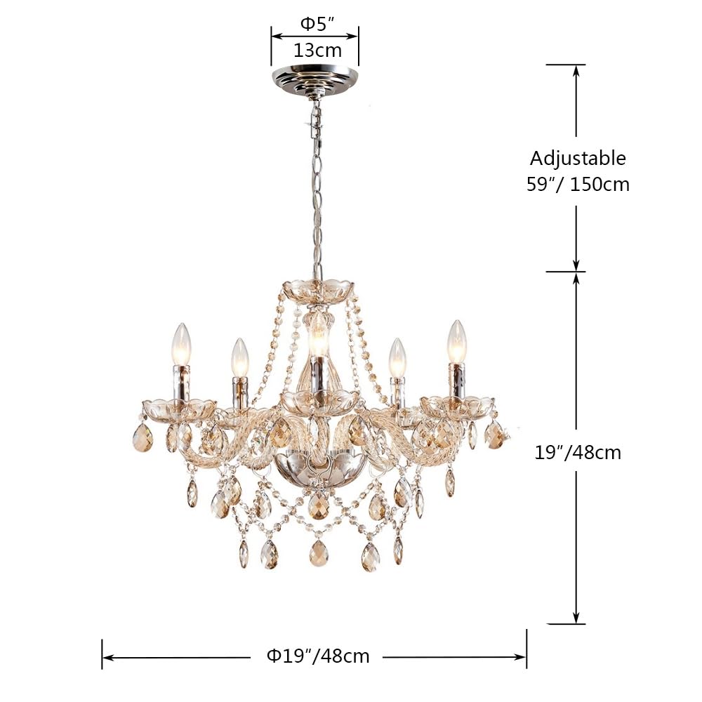 SM Saint Mossi 5-Light Modern Crystal Chandelier, Champagne Finish, Pendant Lighting for Dining Room, Bedroom, Living Room