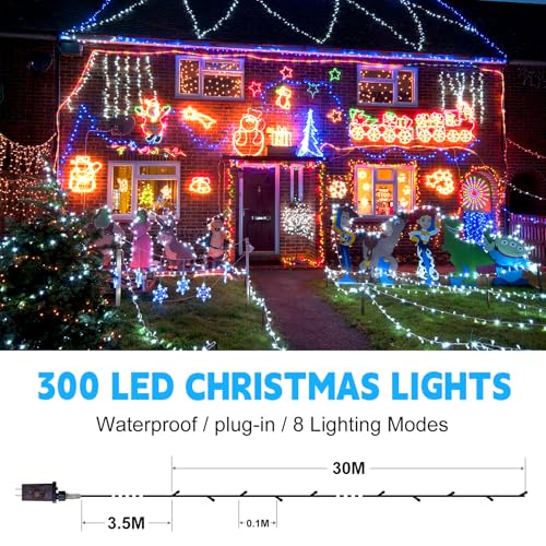 FLVOECN Outdoor Fairy Lights, Waterproof String Lights, 98Ft 300 LED, Cool White, 8 Modes Timer, Model YQS-200L