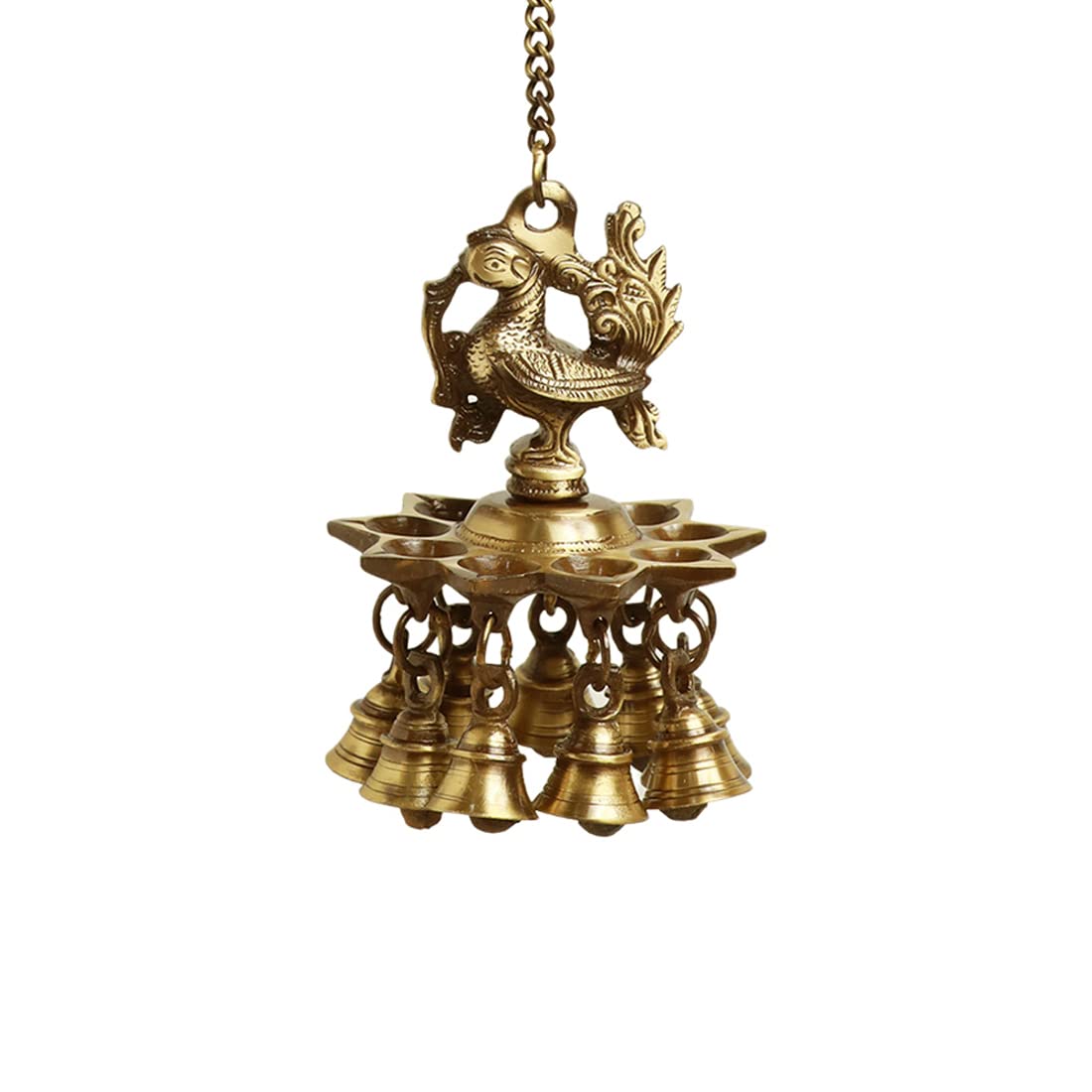 ExclusiveLane Paradise Peacock Hand-Etched Decorative Pure Brass Hanging Diya for Puja Room Mandir with Bell (9 Diyas & Bells, 2