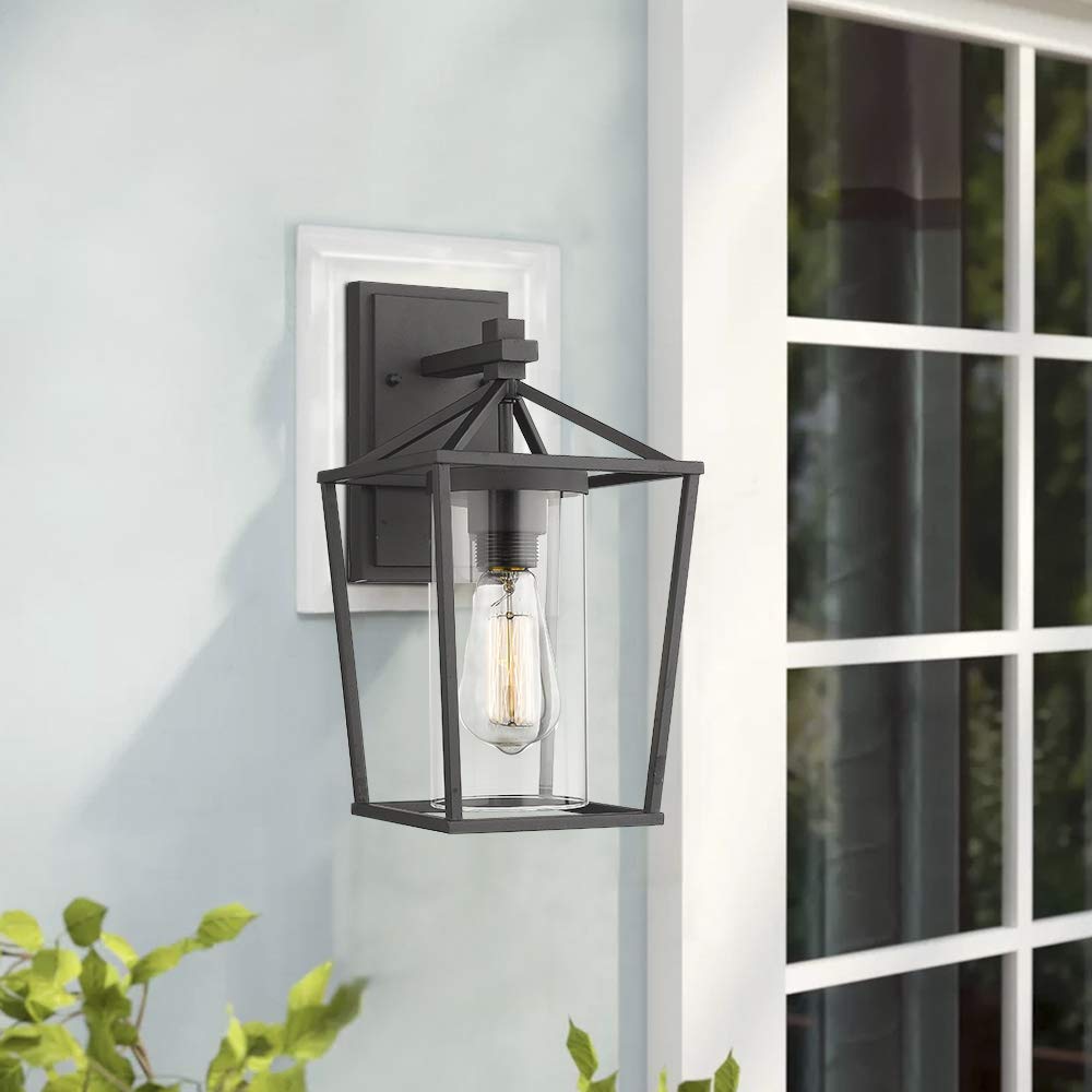 Emliviar Outdoor Porch Lights, 2 Pack Wall Mount Fixtures, Black Metal With Clear Glass, 13.8&quot;