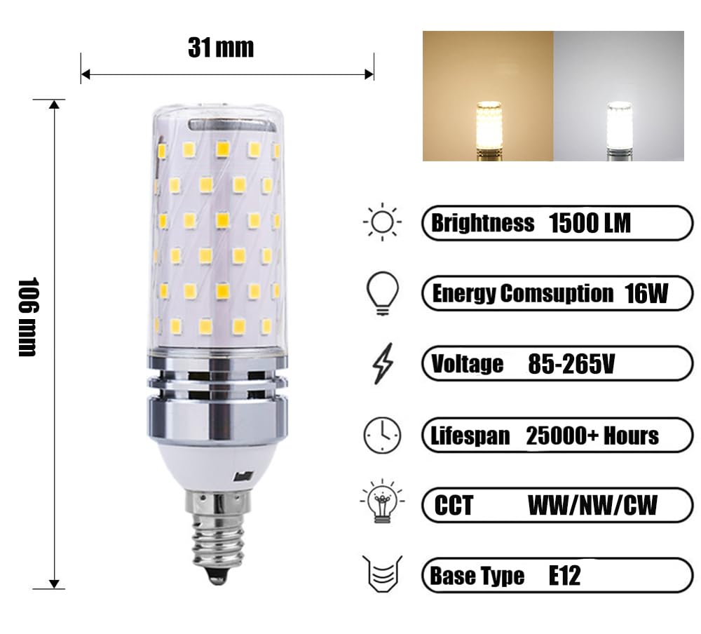 Beriteluce 2Pack 16W Led Corn Light Bulb, Mini Corn Bulb, 150 Watt Equivalent, Daylight White 4000K, 1600Lm E12 Base, For Garage