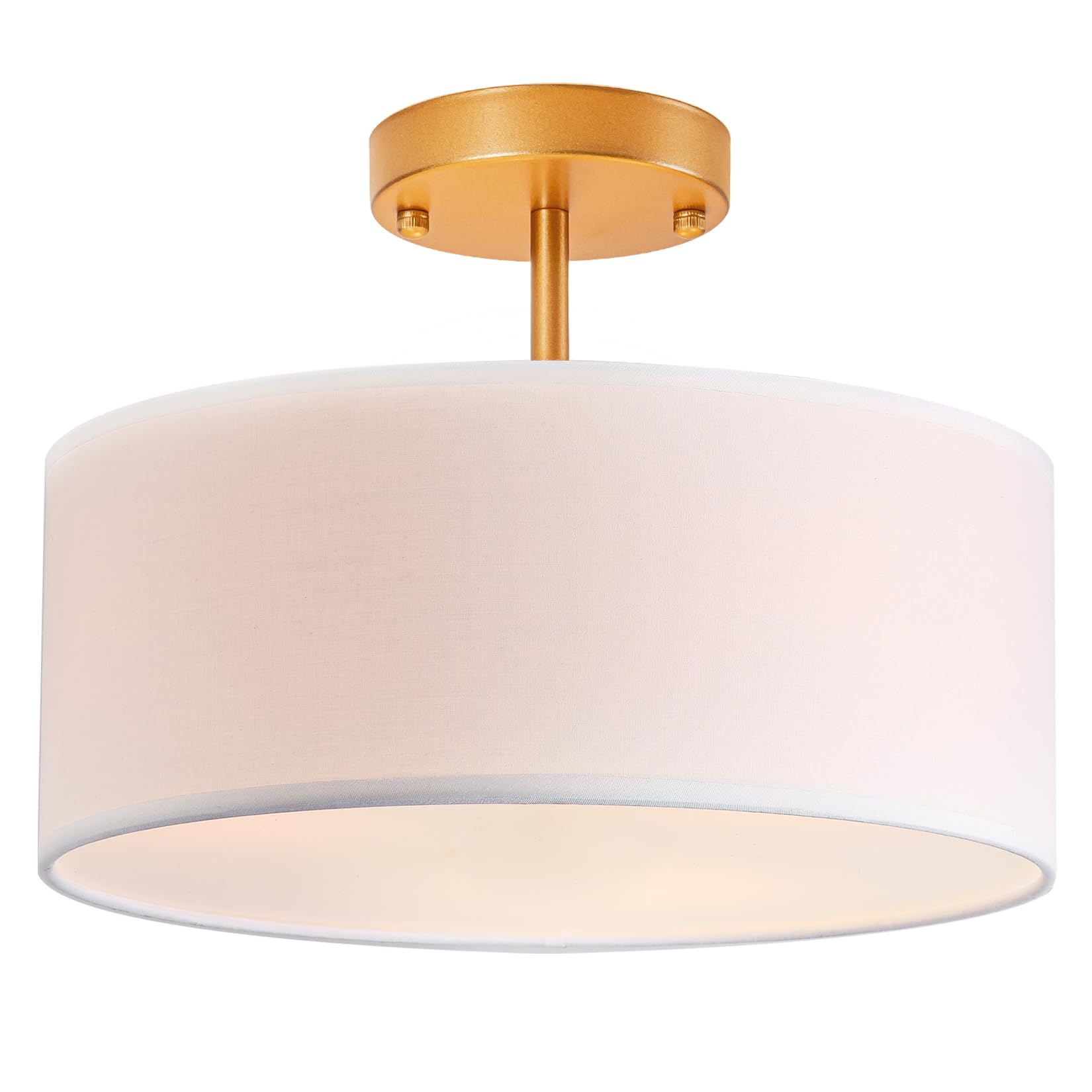 Bargeni Semi Flush Mount Ceiling Light,13 inch Drum Ceiling Light Fixture,Gold Flush Mount Light Fixture with White Fabric Shade
