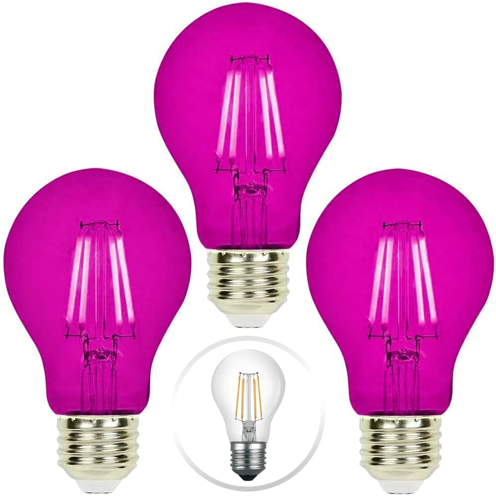 Bluex Bulbs A19 Filament LED Pink Light Bulbs 8W 75W Equivalent 3 Pack Glass