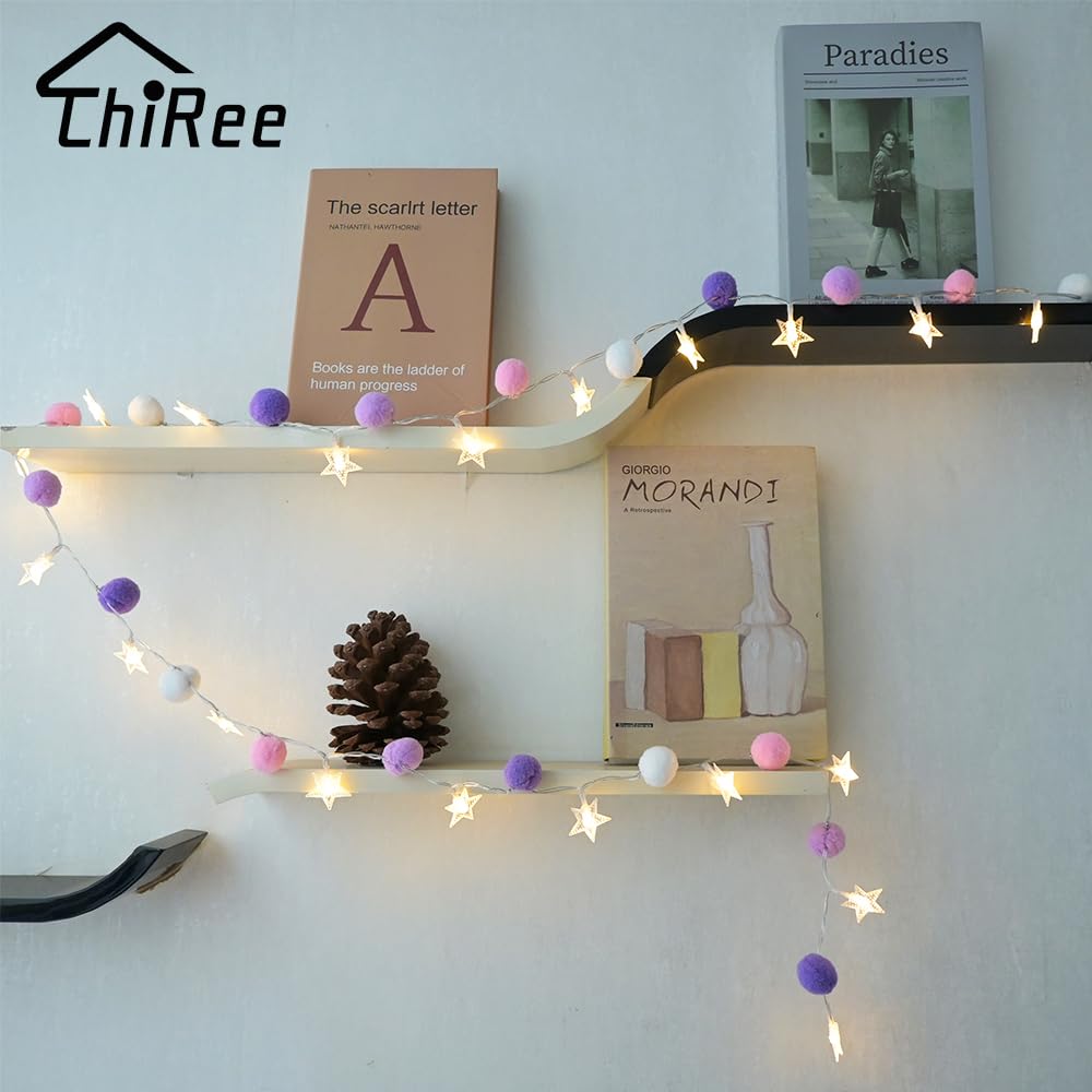 ChiRee Indoor String Lights, 20 LED Warm White Pom Poms, Battery Operated Fairy Lights, Colorful Decor for Home, Kids Playhouse, Model POM01