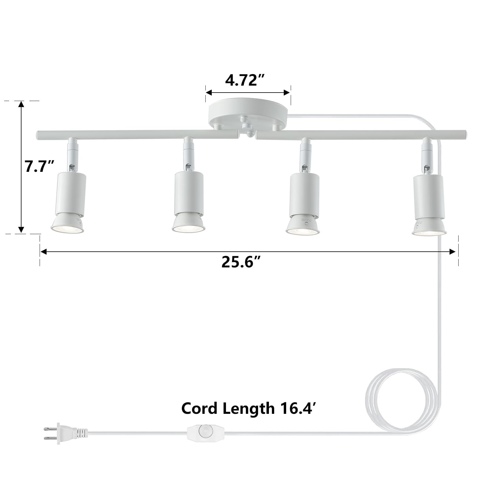 Vivihobb Plug In Track Light White 4 Light Plug In Ceiling Lighting Fixture With 16.4 Long Cord 4 Way Ceiling Spotlight Rotatable Wall Mount Light Head