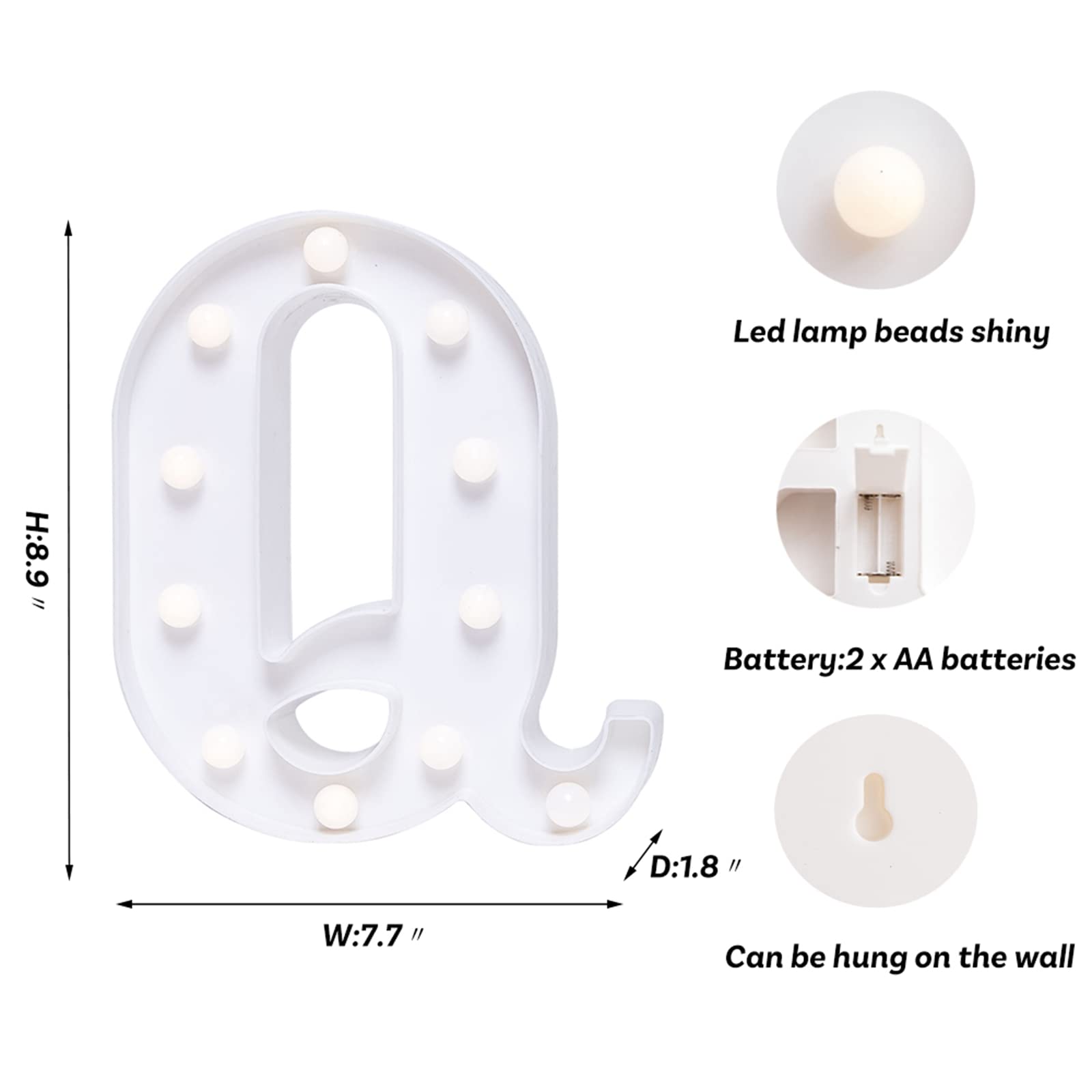 Foaky LED Letter Lights Sign - Battery Powered Night Light for Weddings/Birthdays - Plastic - Color Q