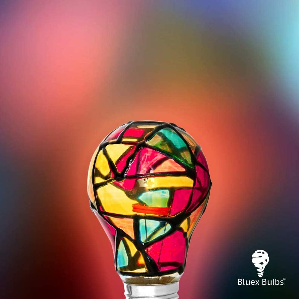 Bluex Bulbs Tiffany 4 Pack Stained Glass Light Bulbs - A19 2W E26 Base Mosaic Night & Party Light
