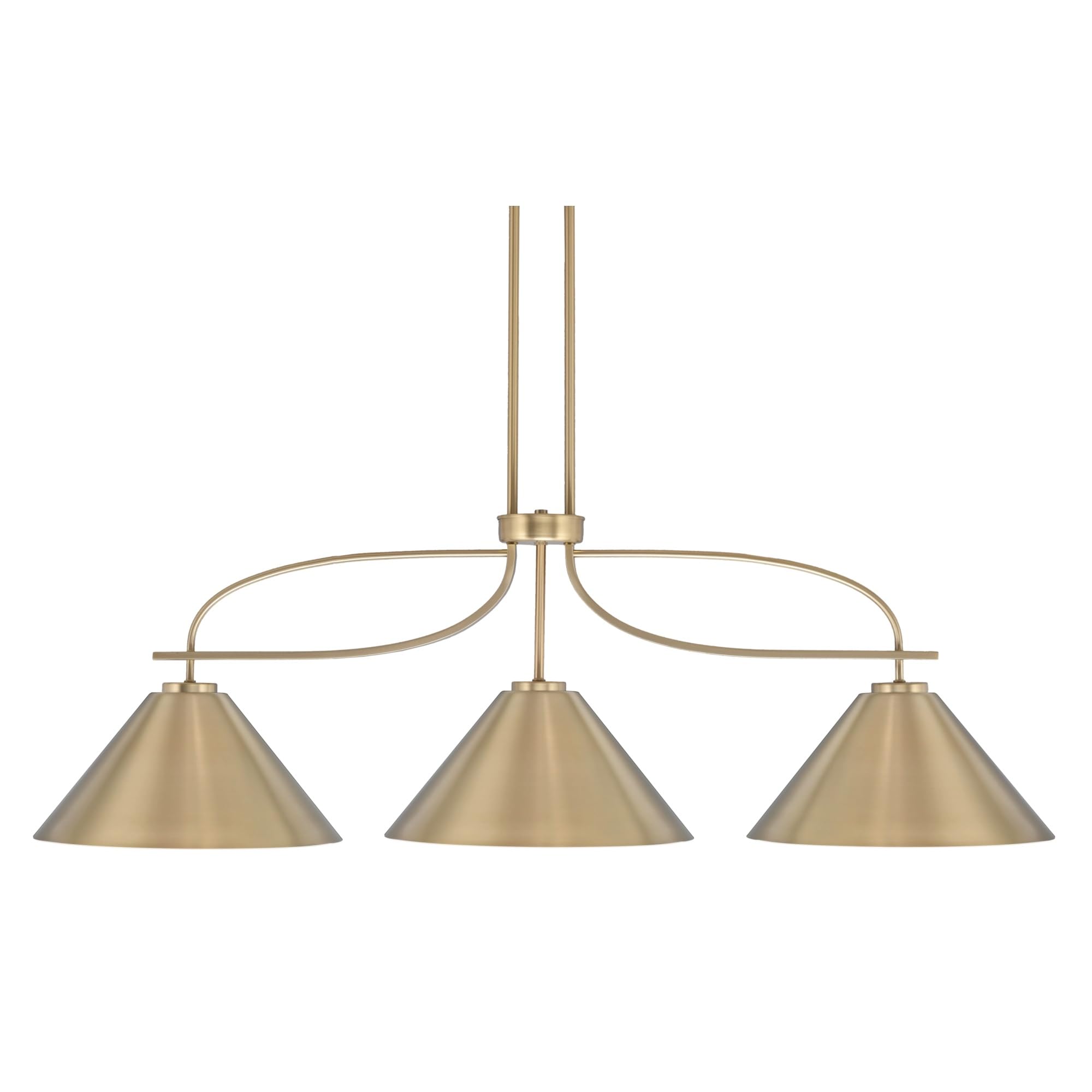 Cavella 3 Light Island Light Shown in New Age Brass Finish with 14&quot; New Age Brass Cone Metal Shades