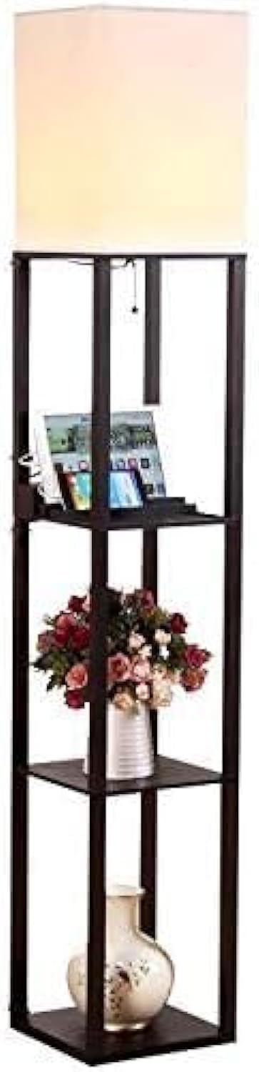 Brightech Maxwell Modern Shelf Floor Lamp with USB Ports & Outlet, Wood, Havana Brown, Model C3-7HW9-LHTV