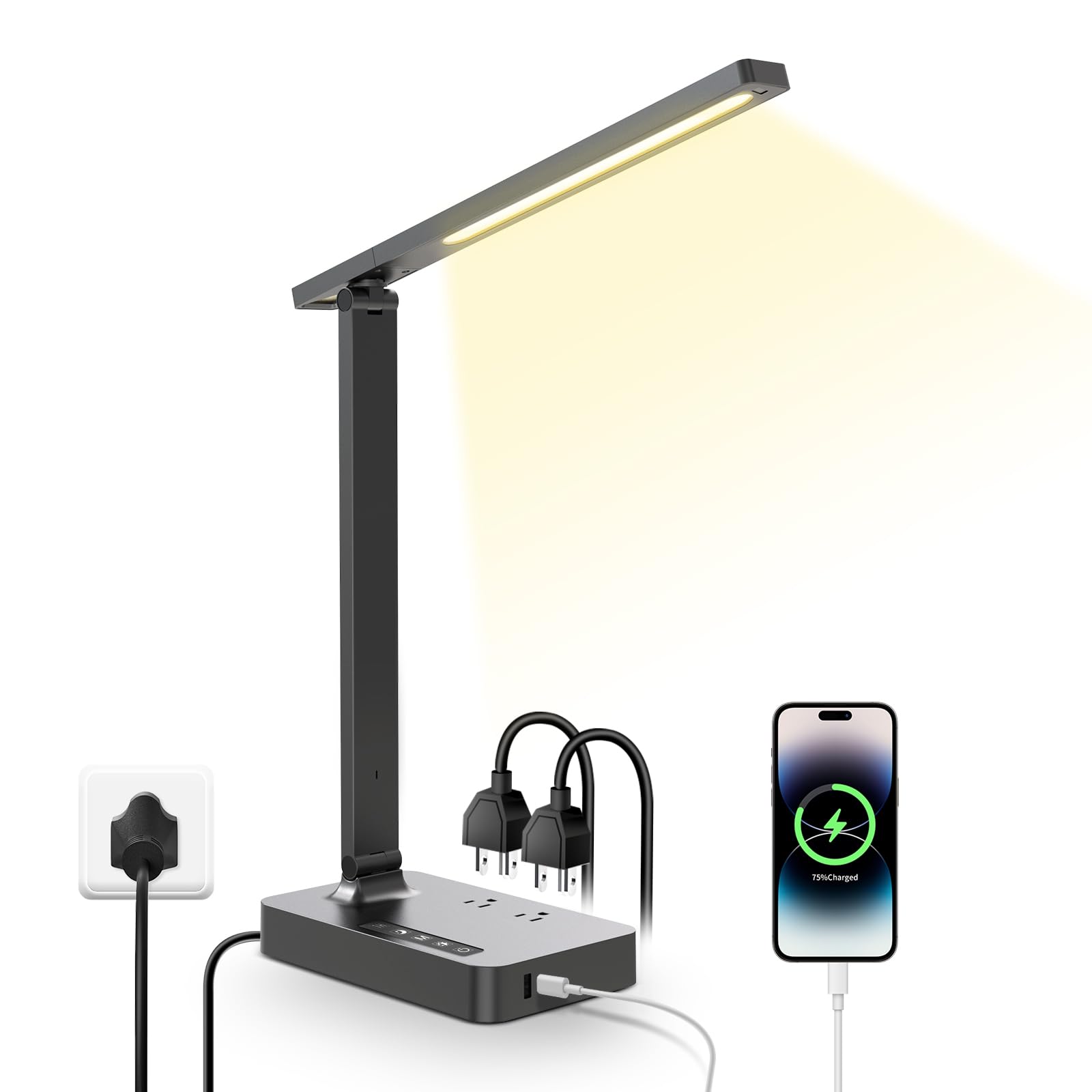 LAOPAO Desk Lamp with USB Charging Port: Power Strip with Surge Protection - 1 Type-C, 1 USB-A Charging Port, 2 AC Power Outlets