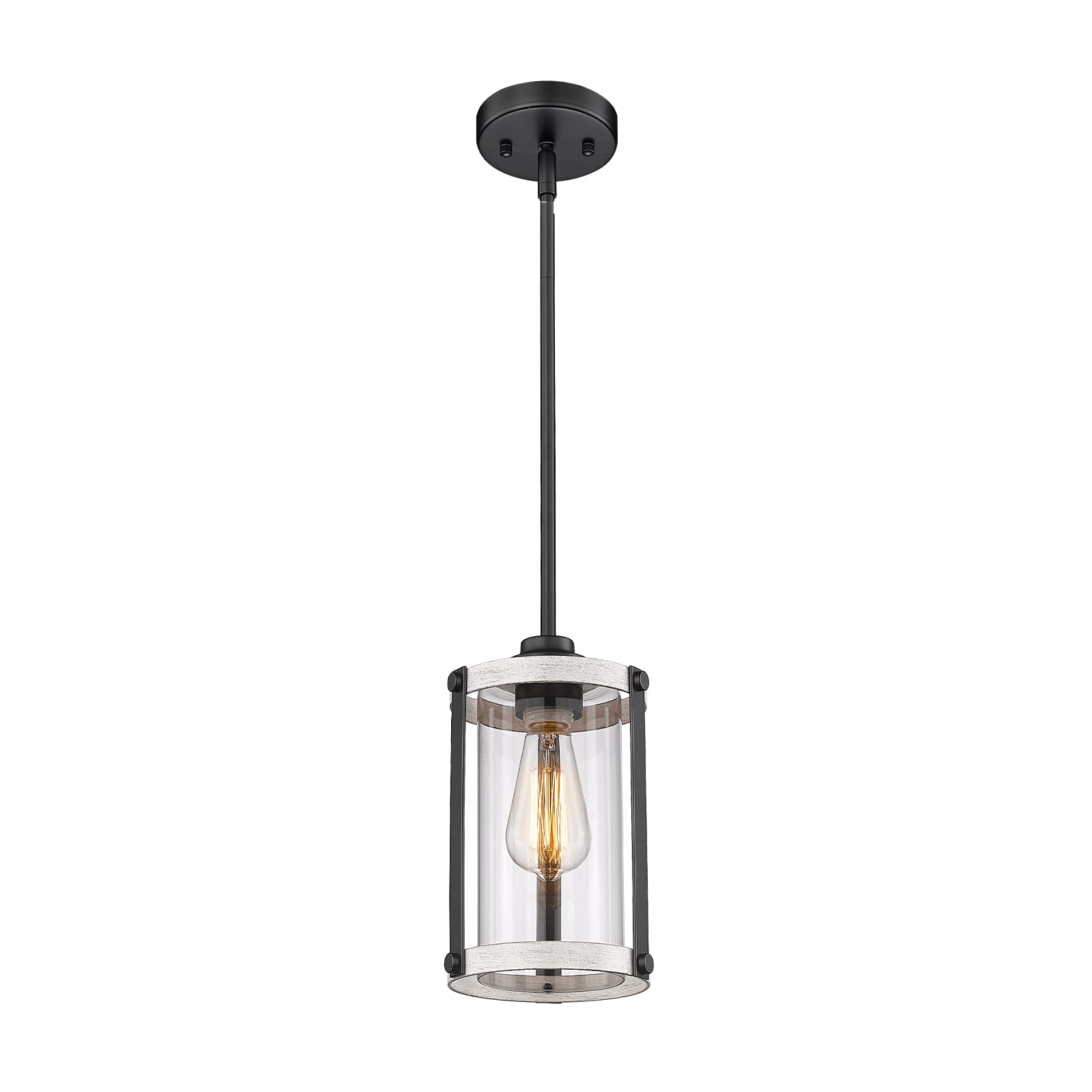 Osimir Farmhouse Pendant Light Fixtures, 1-Light Rustic Oak White Pendant Light Fixtures, Mini Glass Hanging Lighting with Rod f