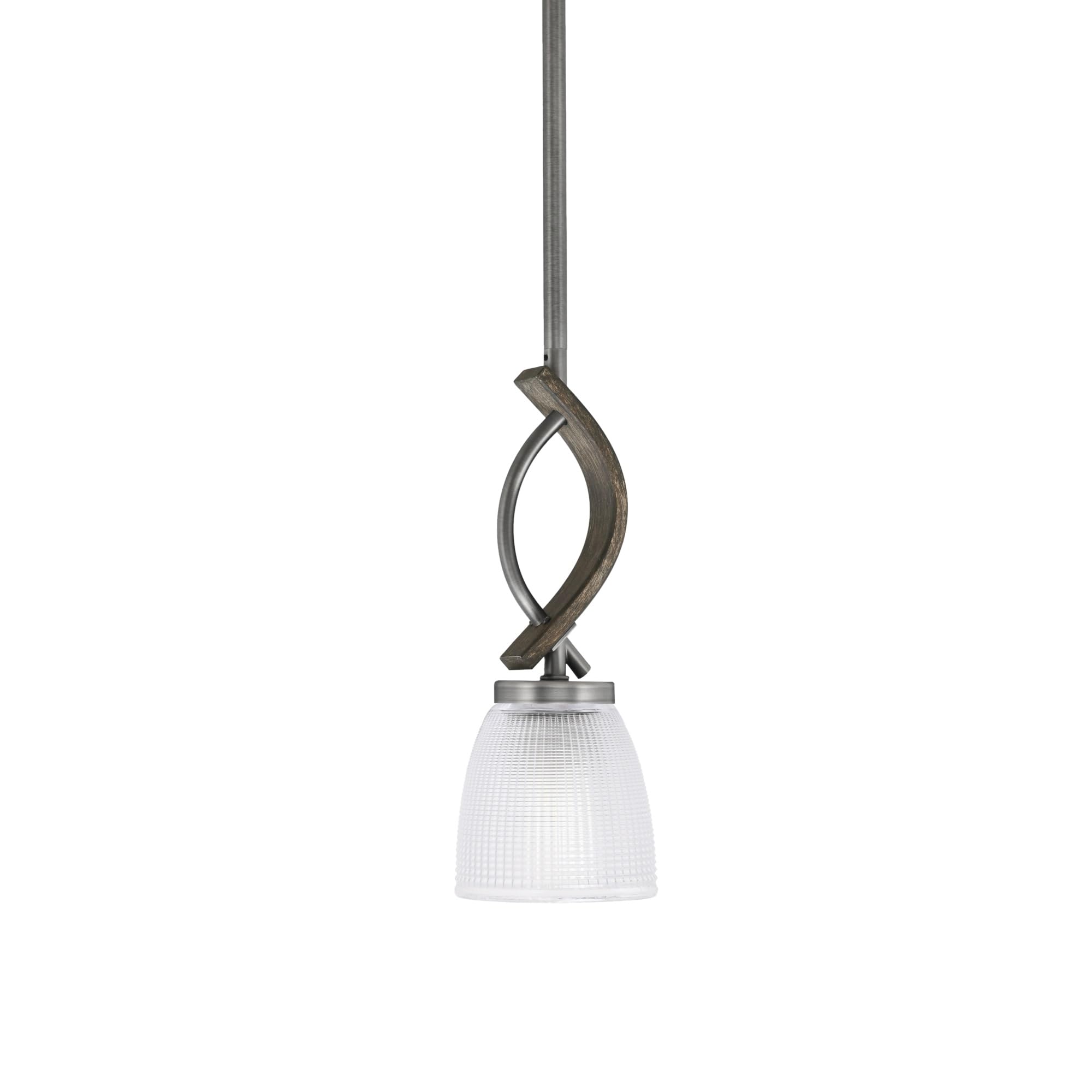 Toltec Lighting Monterey Stem Hung Mini Pendant - Graphite & Distressed Wood-Look Metal, 5in Clear Ribbed Glass
