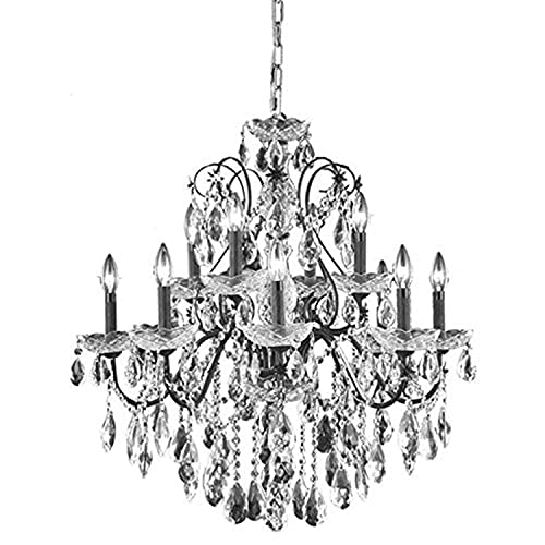 Elegant Lighting Dining Room Ceiling Light, 28in Steel and Crystal, Dark Bronze, Model 2016D28DB/RC