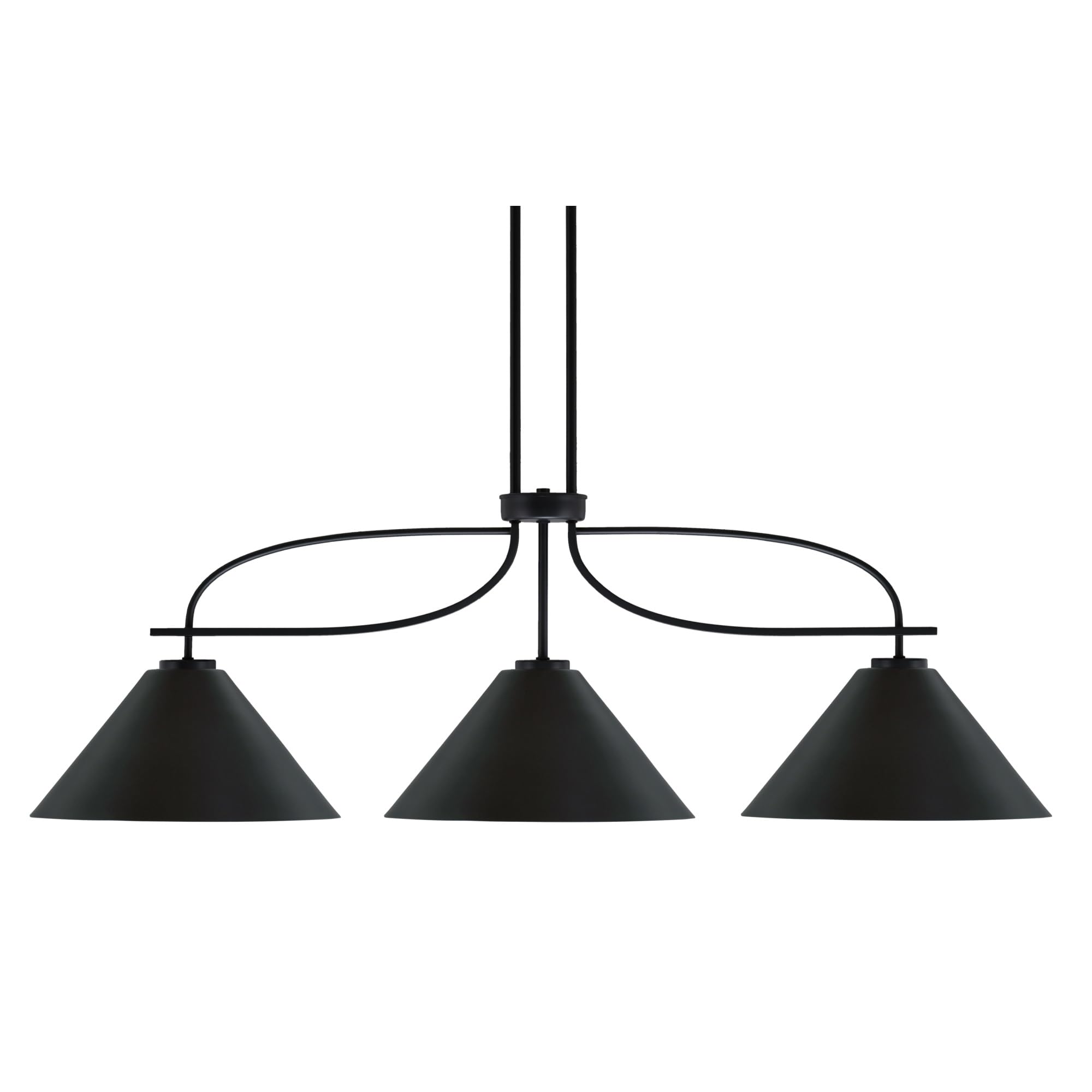 Cavella 3 Light Island Light Shown In Matte Black Finish With 14&quot; Matte Black Cone Metal Shades