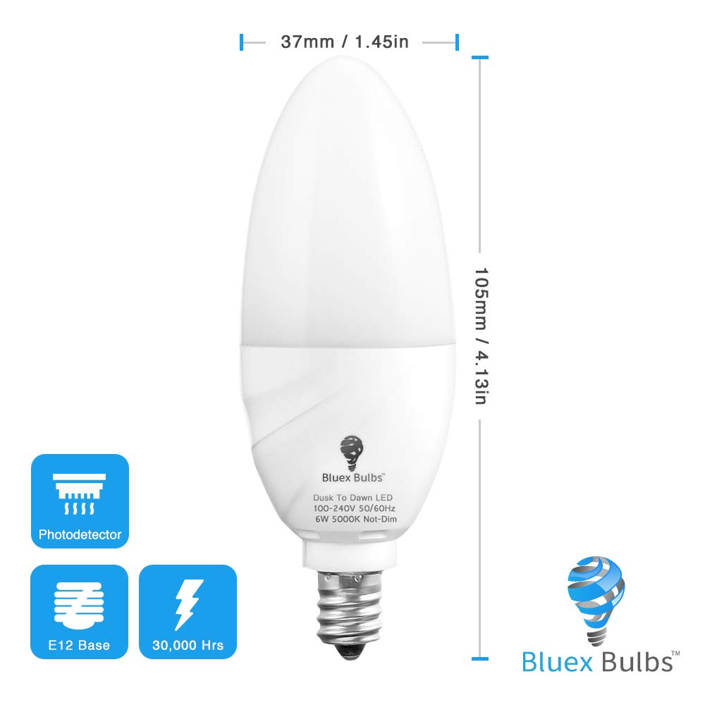 Bluex Bulbs 6 Pack LED Dusk to Dawn Candelabra Bulbs, 6W E12 Base, 5000K Daylight White, Home Security Lighting