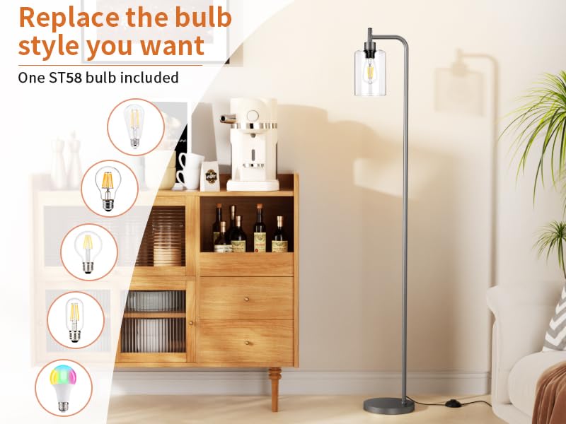 Ziisee Floor Lamps For Living Room - Industrial Standing Lamp With Glass Shade, Modern Grey Floor Lamp With Led Bulb, Farmhouse