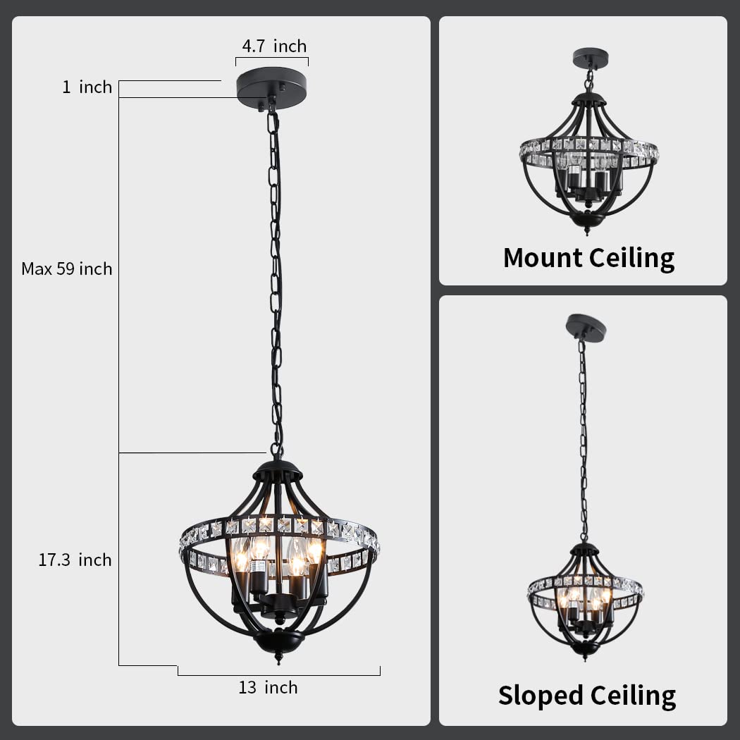 Lanpesting Crystal Chandelier, 4-Light Black Pendant Lighting, Vintage Farmhouse Design, Model CH-A155-4, Ideal for Kitchen & Dining Room
