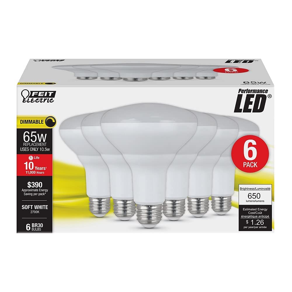 Feit Electric LED BR30 Light Bulbs, Dimmable, 650 Lumens, 2700K Soft White, 6 Count, E26 Base, Model BR30/DM/10
