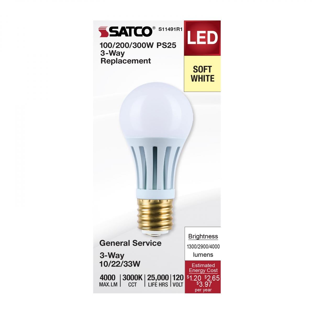 Satco Led Three-Way Lamp, 10/22/33W, Mogul Base, 3000K, White Finish (1)