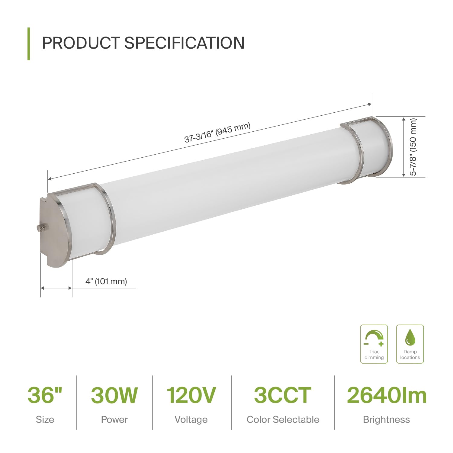 Asd Led 36 Inch Flush Mount Vanity Lighting Fixture | 30W 2650Lm 3000K-5000K 120V | 3Cct, Dimmable, Energy Star, Etl Listed | Ba