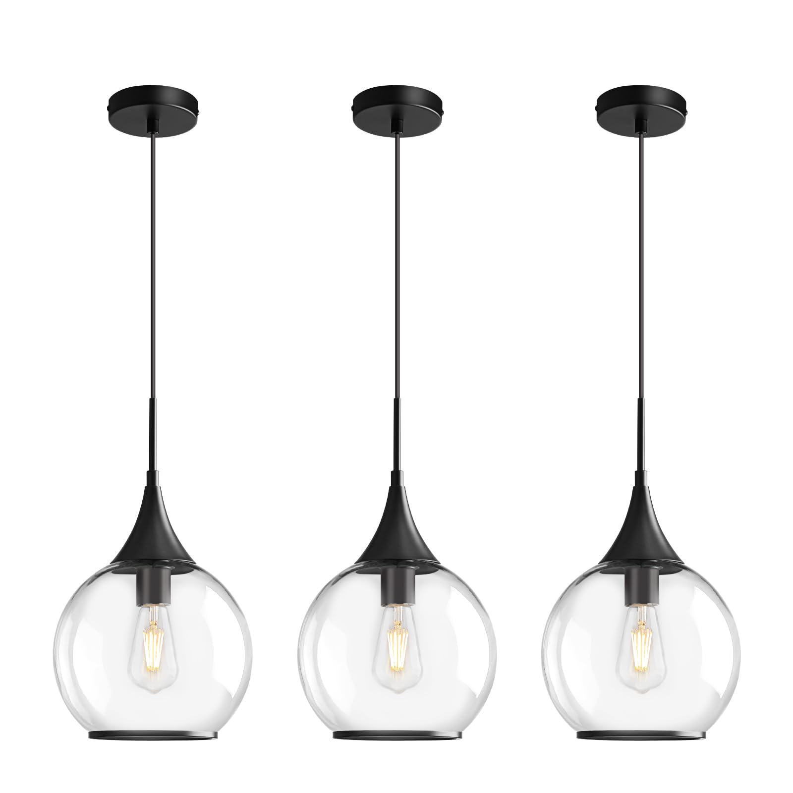 HAHZT Pendant Lights Kitchen Island: 3 Pack Black Light Fixture Modern with Clear Glass - 10 Inch Mid Century Globe Kitchen Ligh