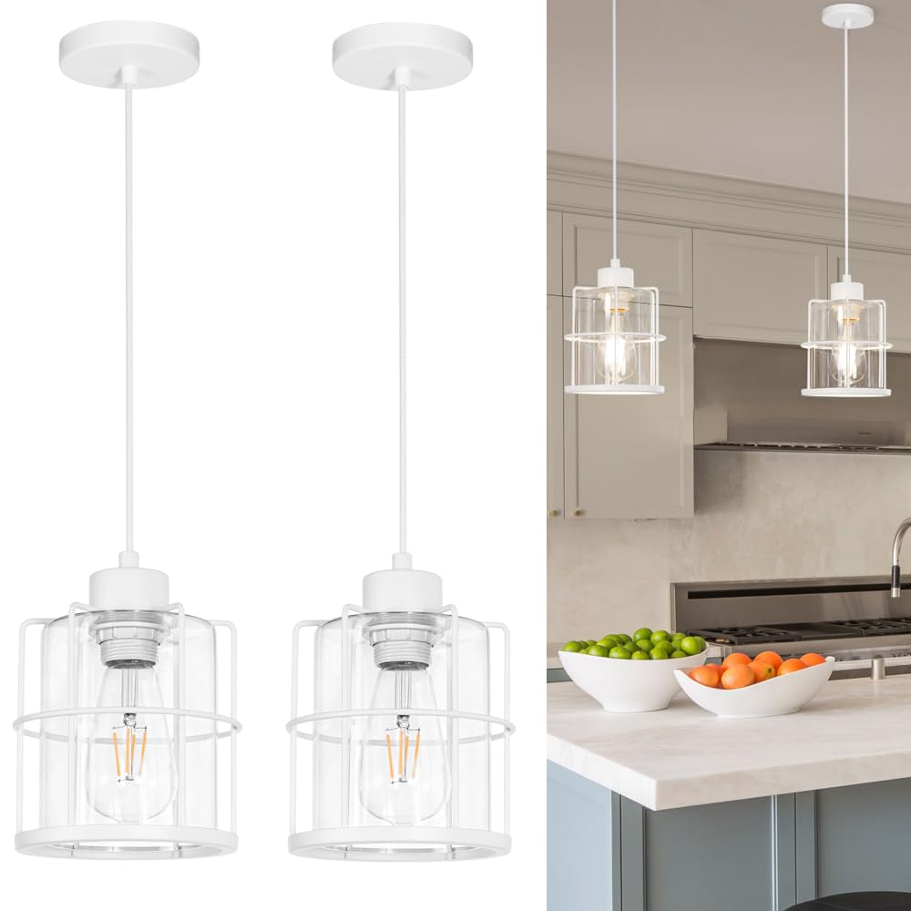 Modern White Industrial Pendant Light Fixtures, Clear Glass Cage Pendant Lights Kitchen Island, Adjustable Cord Medium Milk Hang