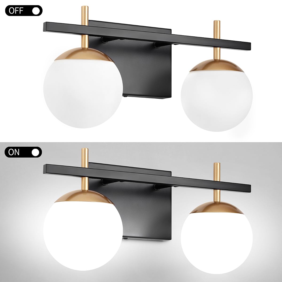 ZSMIHDOH 2-Light Bathroom Vanity Light Fixtures, Black & Gold Metal Over Mirror Lighting, GVL0123, Milky Glass Globe Design