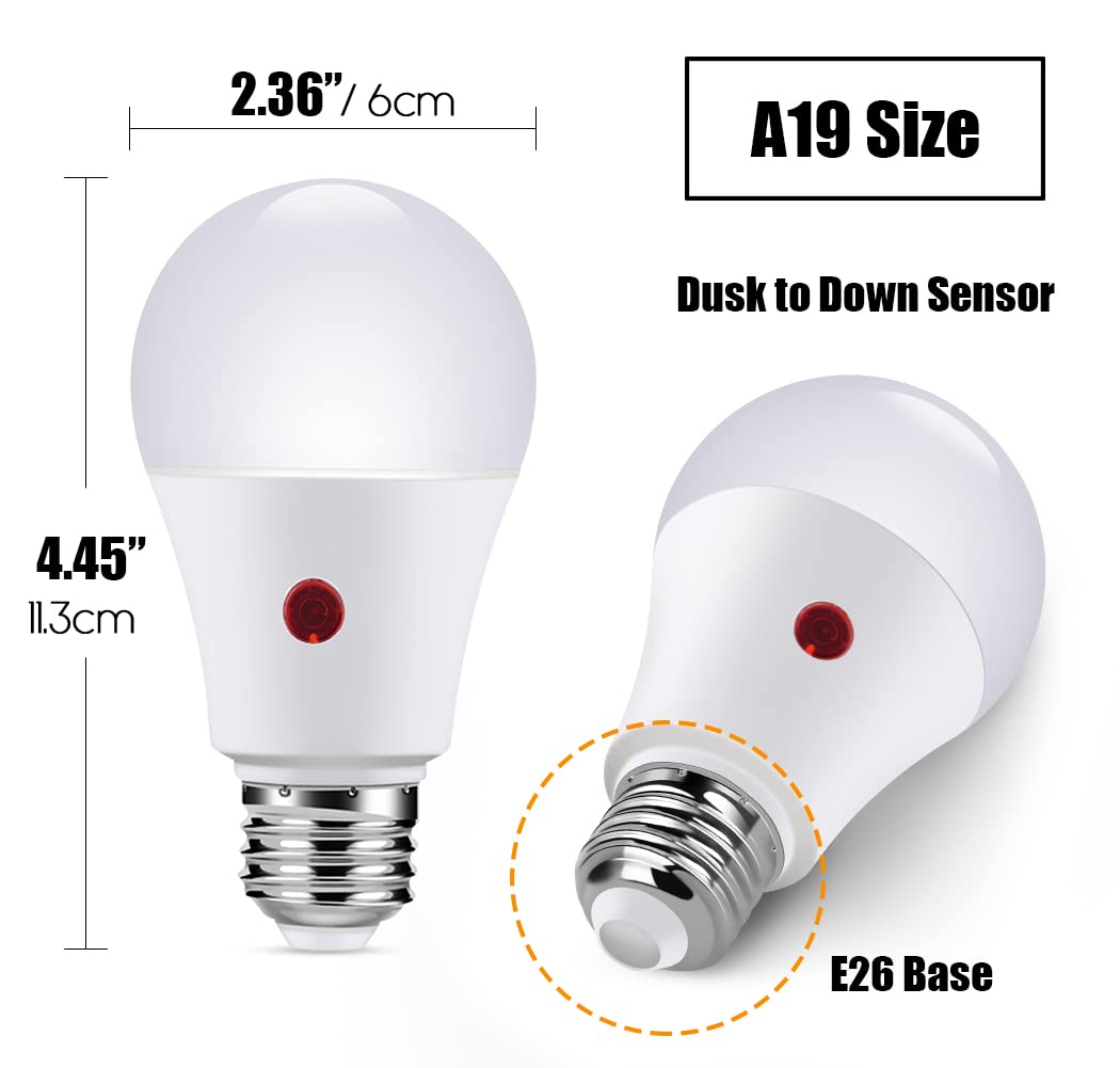 Emotionlite Dusk to Dawn LED Light Bulbs, 60W Equivalent, Neutral White, 9W A19 Size, E26 Base, 3 Pack, Automatic On/Off