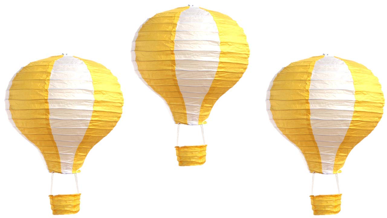 Matissa Pack of 3 Stripy Hot Air Balloon Paper Lanterns, Yellow, 16in (40CM), Metal Shade Wedding Party Decoration