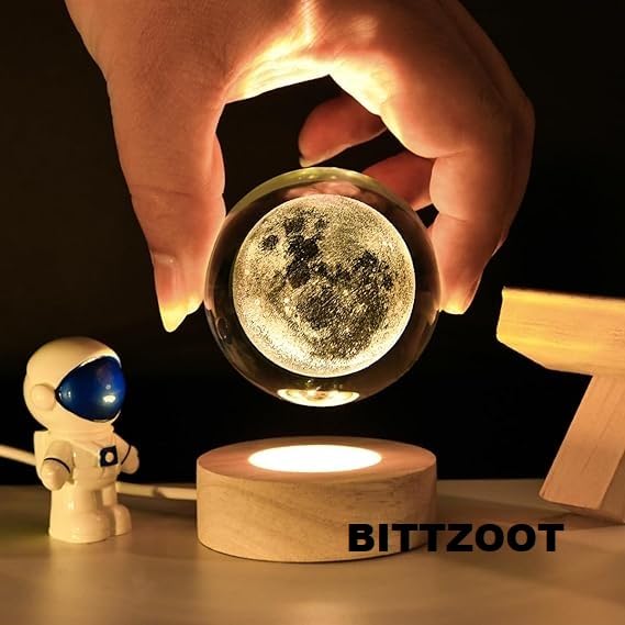 BITTZOOT 3D moon Crystal Ball Night Lamp,Solar System Crystal Ball Night Light, USB Table Colorful LED Wooden Crystal Ball for H