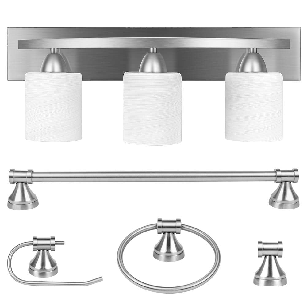 Partphoner 3-Light Bathroom Vanity Light Fixture, 5 Piece All-In-One Bath Sets, Bar, Towel Ring, Robe Hook, Toilet Paper Holder,