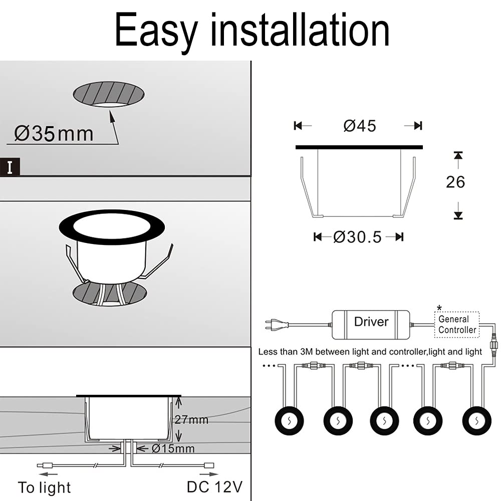FVTLED D31B LED Deck Lights Kit, 20pcs RGBW Waterproof Recessed Lighting, Smart WiFi Control, Stainless Steel, Black