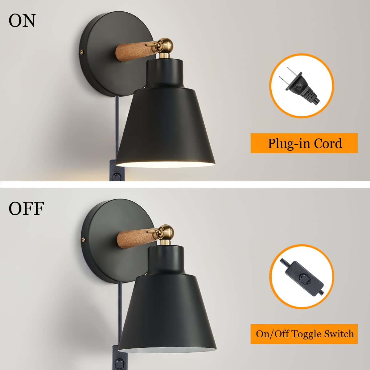 Plug in Wall Sconces Lighting Fixture Set of 2,Bedside Wall Light for Industrial Bedroom, Wall Mounted Lamp for Bathroom Hallway