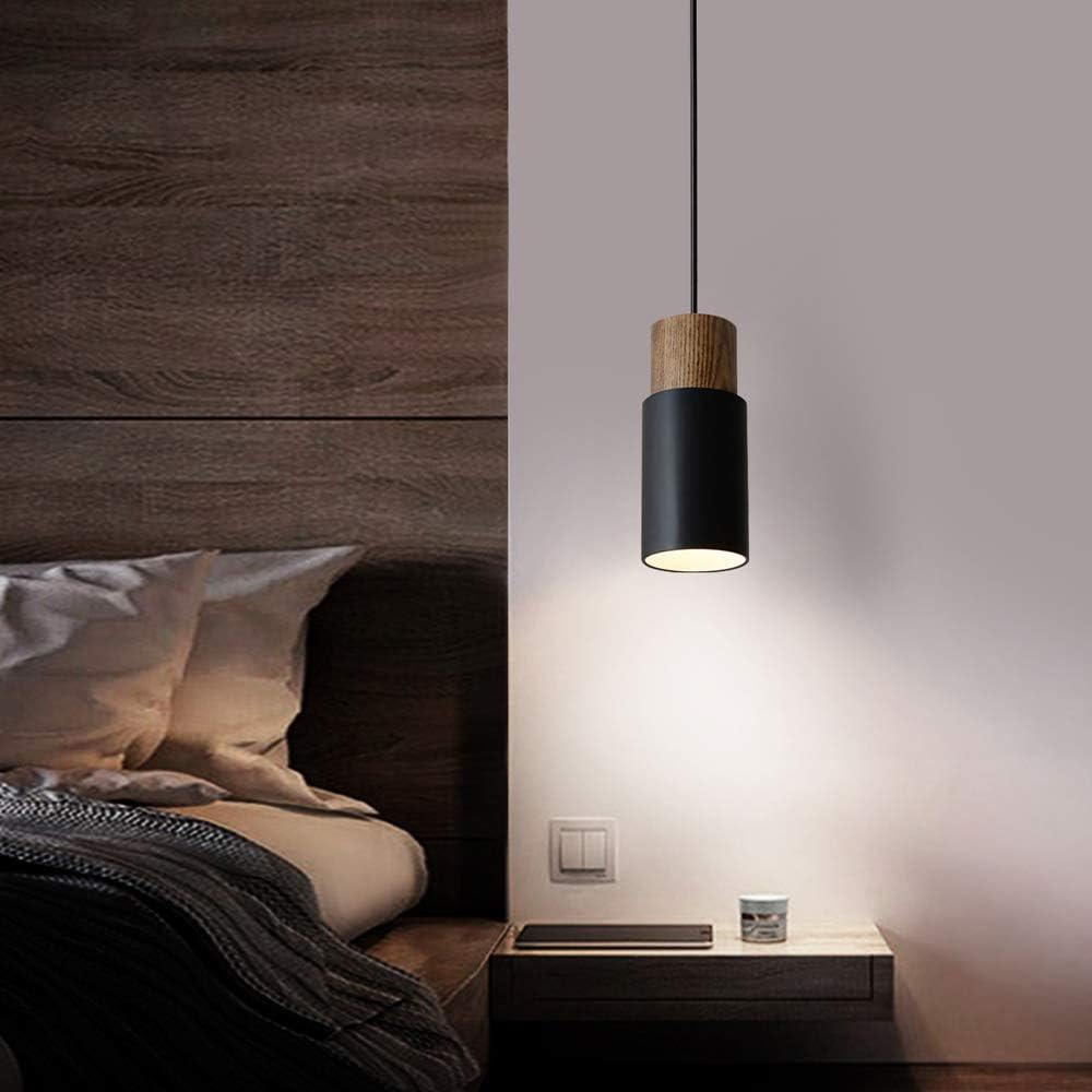 DUHU Black and Wood Pendant Light - Modern Industrial Hanging Lamp, E26 for Kitchen Island, Dining Table, Adjustable Height