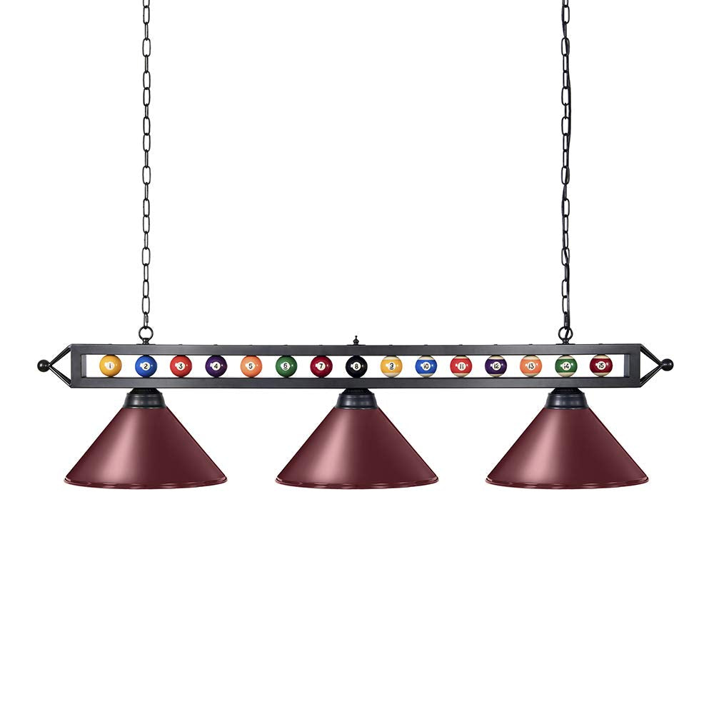 Wellmet Billiard Pool Table Light, 3 Lights, 59in Metal Fixture, Red, Model CHL-002-light-Red 02