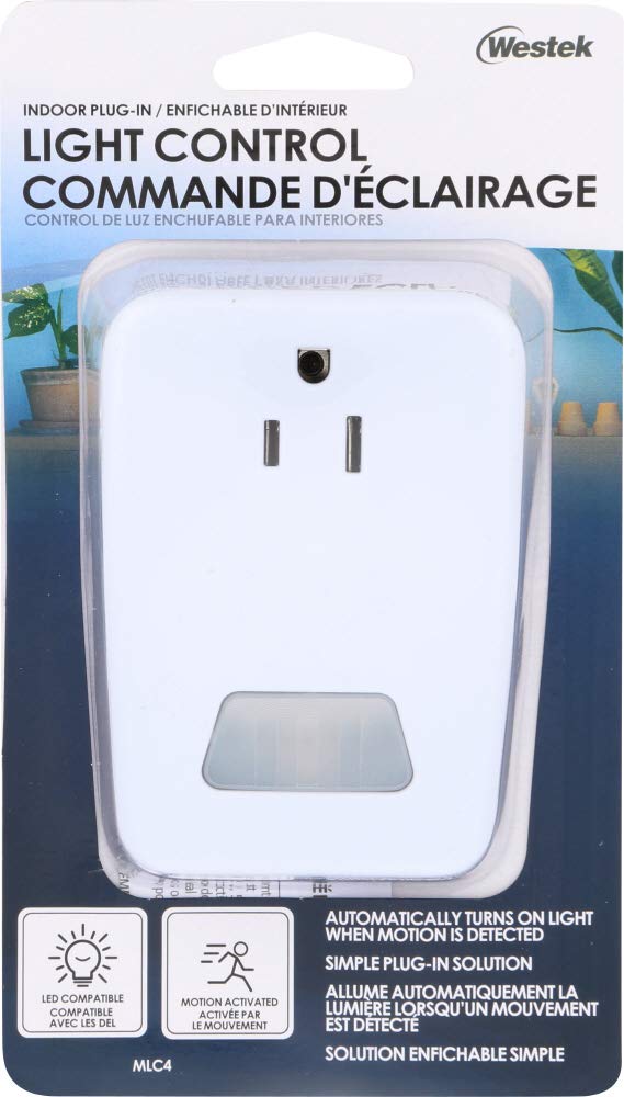 Westek Indoor Plug-in Motion Activated Light Control, White, 120V, 60Hz, 100° Detection Zone, Model MLC4BC