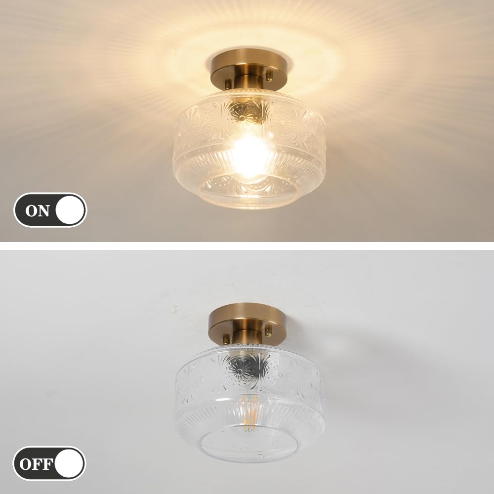 DSMJFU Semi Flush Mount Ceiling Light, Vintage Brass Light Fixture, Thickened Glass, Model DX23013C1N, Gold, for Entry Way, Bedroom, Bathroom