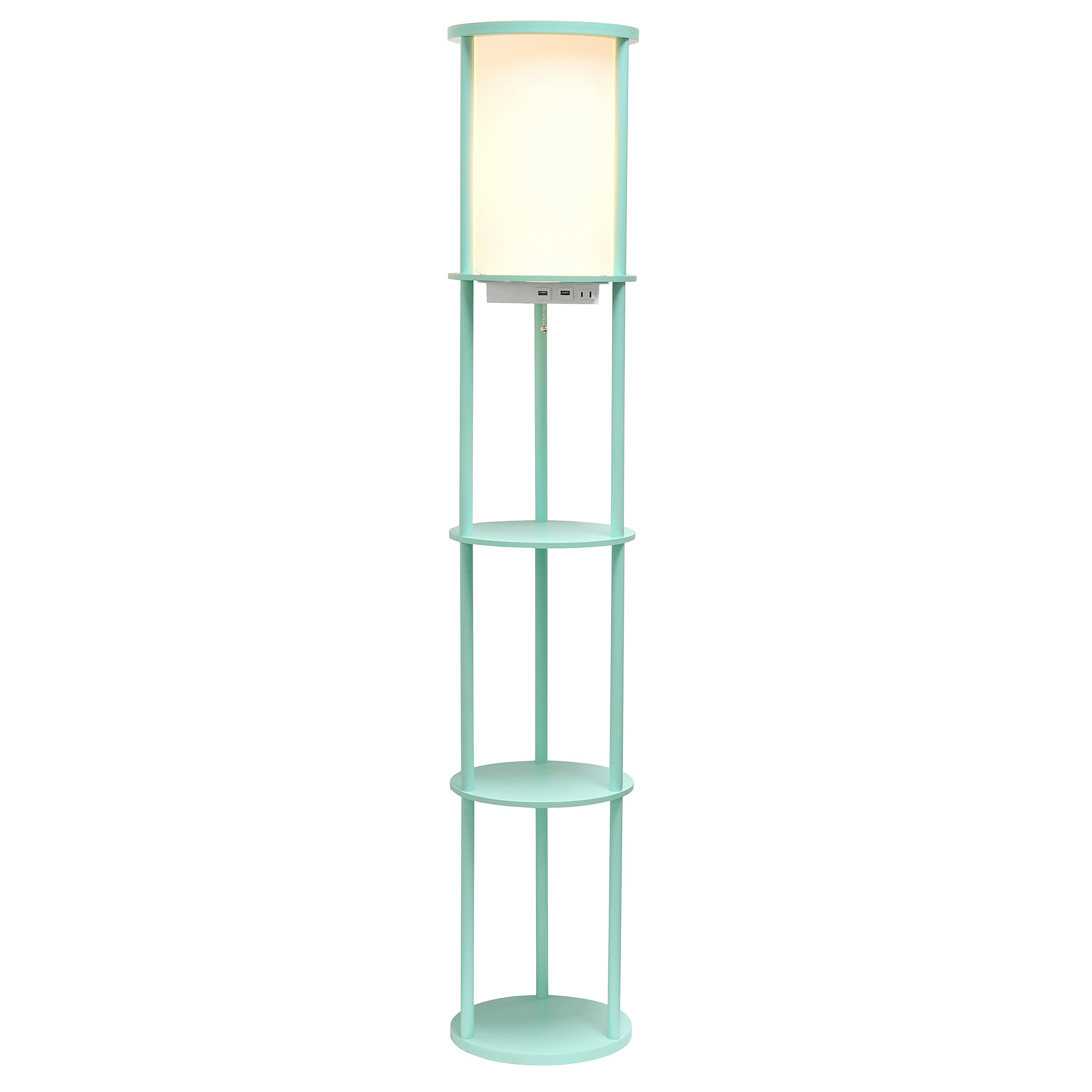 Simple Designs Round Shelf Etagere Floor Lamp with 2 USB Ports, Linen Shade, Aqua, 62.5in Tall, Model LF2010-AQU