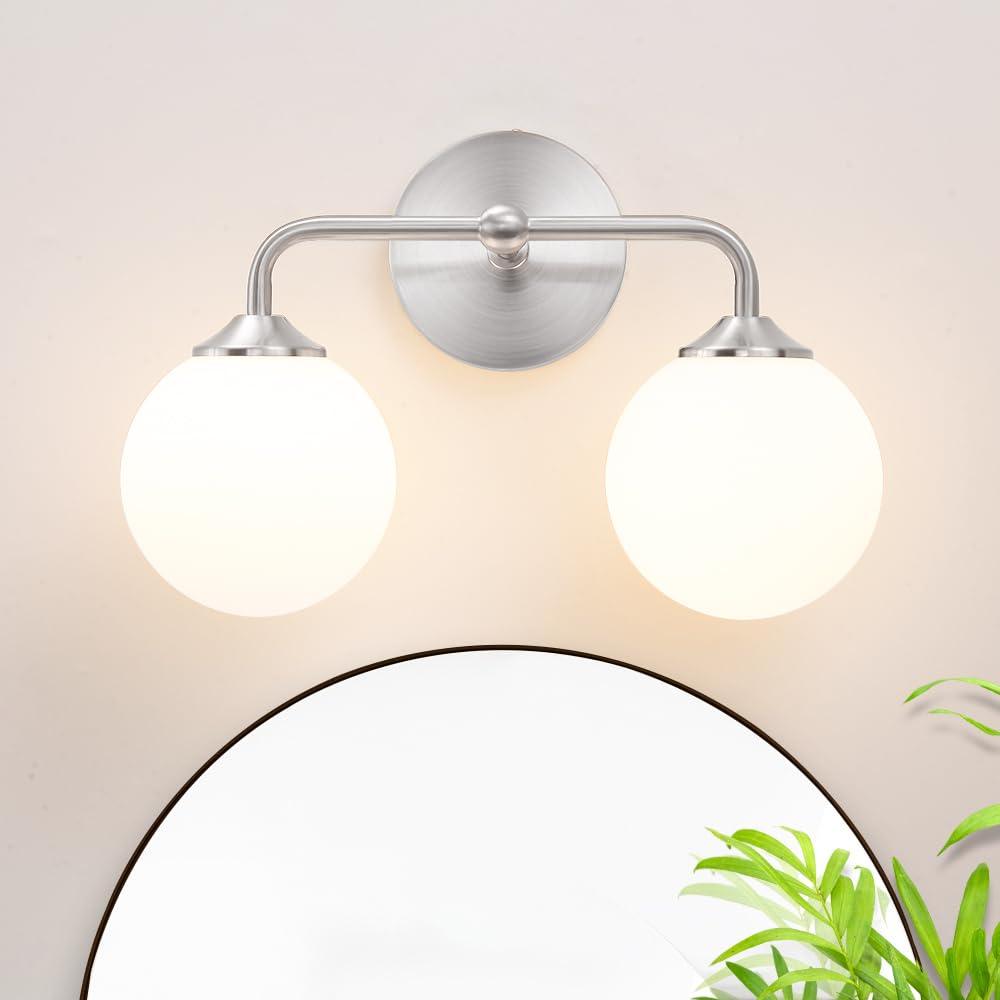 DSMJFU Modern Brushed Nickel Bathroom Vanity Lights, 2-Light, Glass Globe Shade, Model DX23055V2-NK