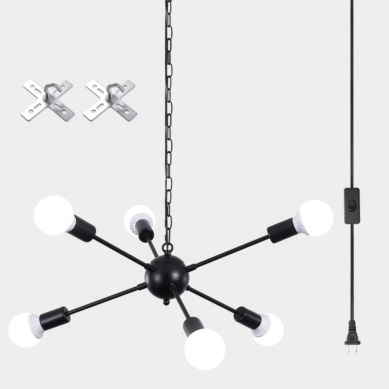 Etonimerr Plug In Chandelier 6 Light, Modern Hanging Lights With Plug In Cord 16.4Ft & On/Off Switch Plug In Sputnik Ceiling Light, Black Plug In Pendant Light For Kitchen Dining Living Room Bedroom