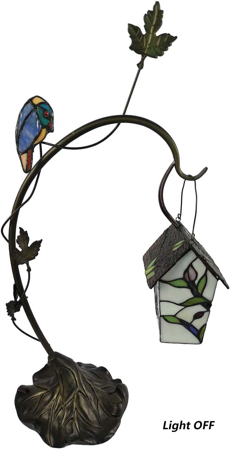 Bieye Birdhouse Table Lamp - Tiffany Style Stained Glass, 21-inch High, Pink Flower Decor