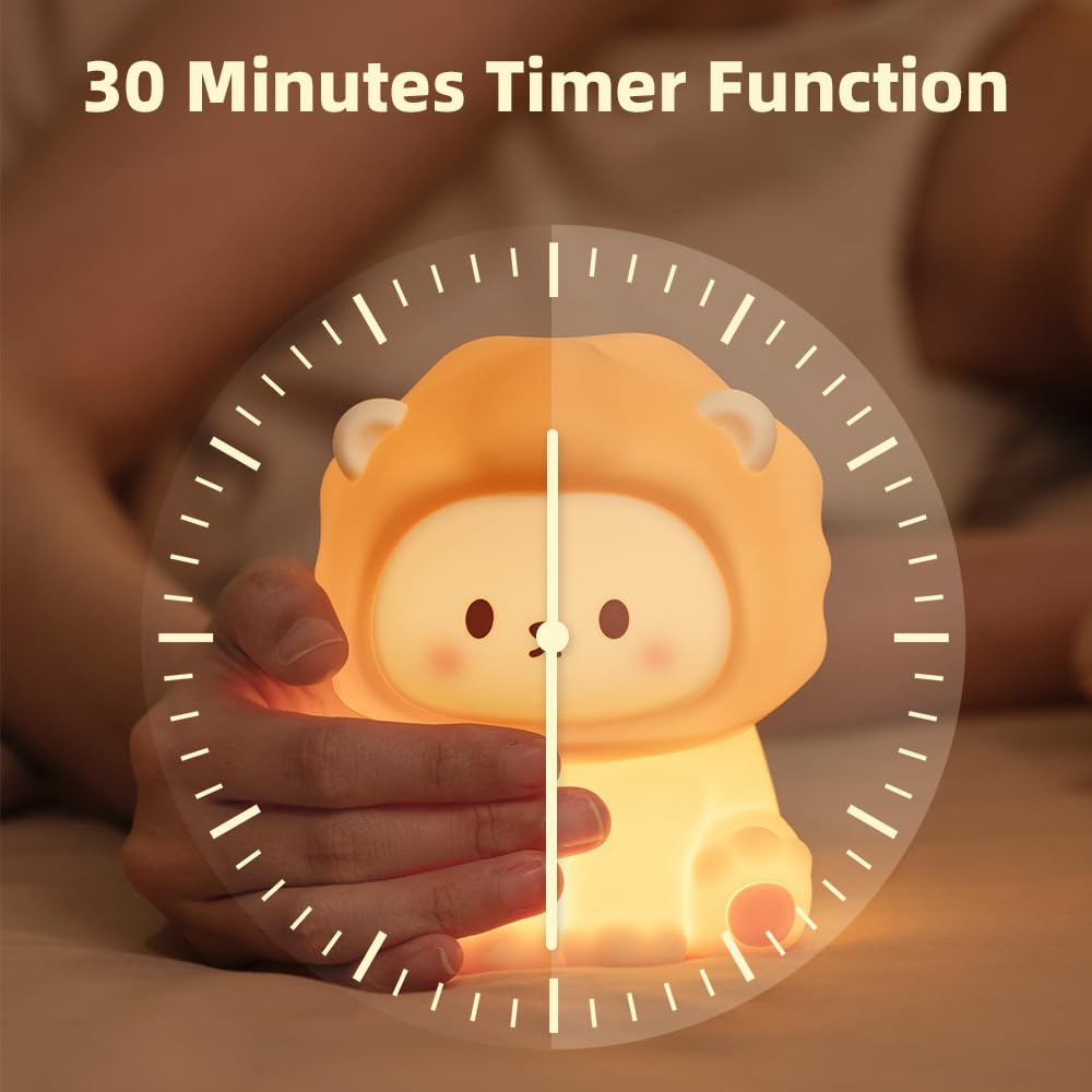 KinYiLO Cute Lion Night Light - Rechargeable Silicone Lamp, Small, 3 Brightness Levels, Warm Light, Tap Control, Model LLD-D18