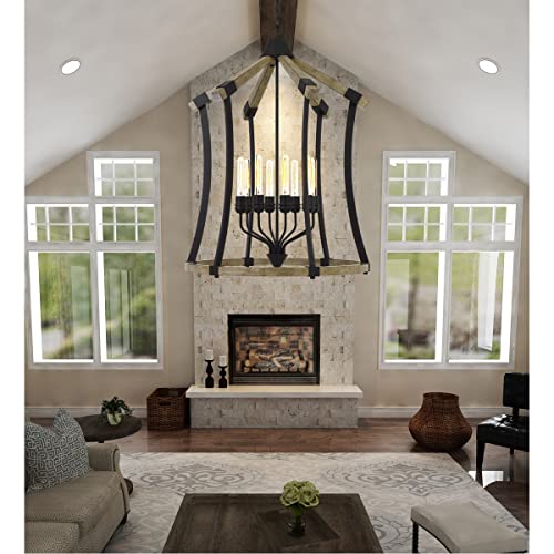 Cal Lighting FX-3707-8 Chandelier, 60W, Metal/Pine Wood, Iron/Light Oak, 28.5inL x 28.5inW x 39.25