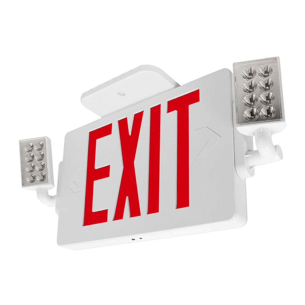 Lfi Lights | Thin Combo Red Exit Sign With Emergency Lights | White Housing | All Led | Two Adjustable Heads | Hardwired With Battery Backup | Ul Listed | (1 Pack) | Combot-R