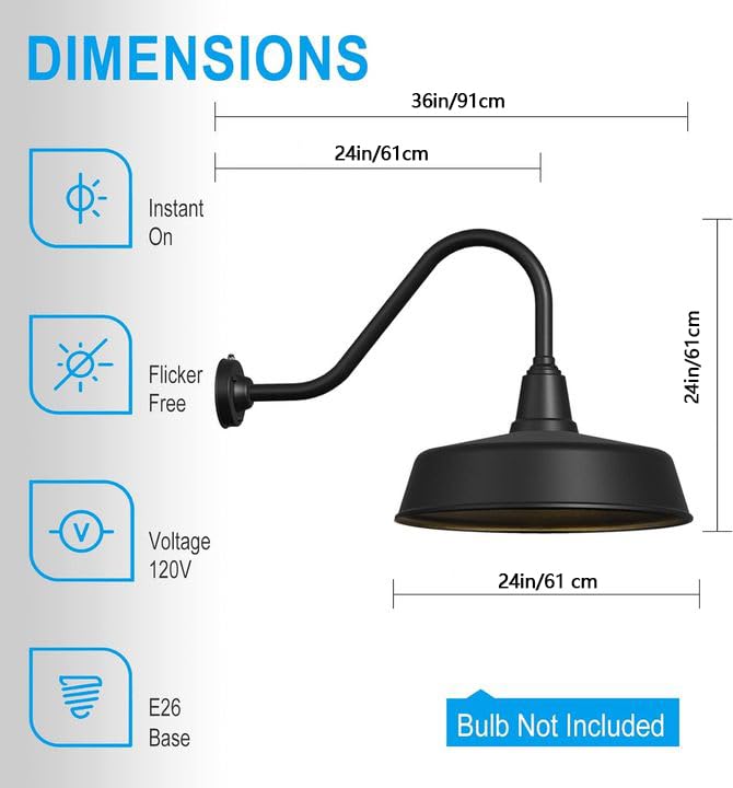 JOESA Extra Large 24 Black Barn Gooseneck Light - Dusk to Dawn Outdoor Fixture for Porch & Garage Doorway
