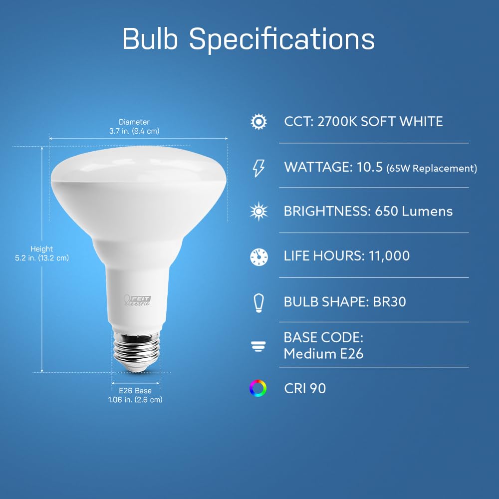 Feit Electric LED BR30 Light Bulbs, Dimmable, 65W Equivalent, 650 Lumens, 2700K Soft White, 2 Pack, Model BR30DM/10