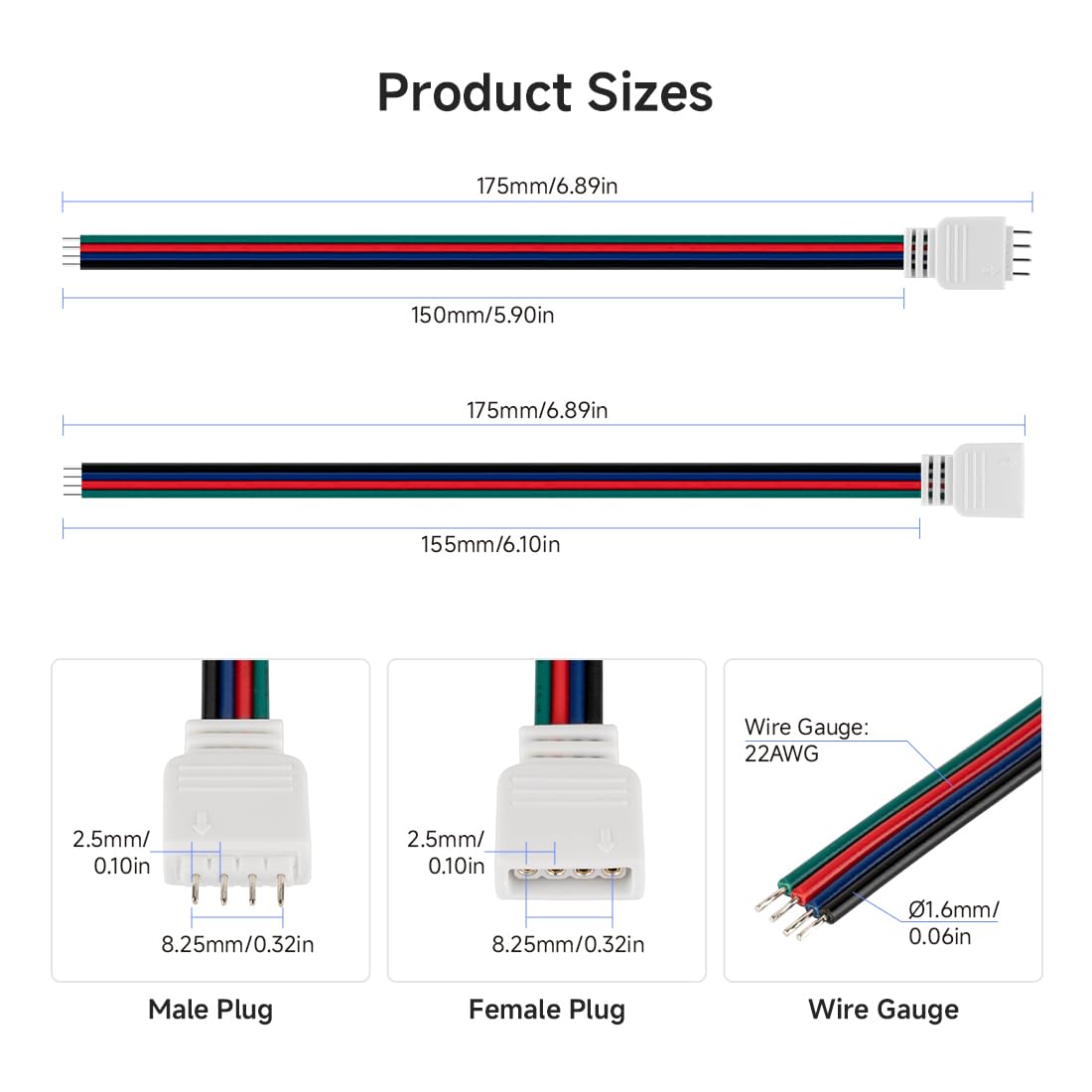 Btf-Lighting 10 Pairs 17Cm 4Pin Jst Sm 22Awg Wire Cable Male/Female Connector Plug For Fcob Cob Rgb Led Strip Light