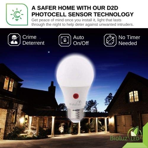 Bioluz Led Dusk To Dawn Light Bulb, 9W (60W Equivalent) A19 Led Light Bulb With Photocell Sensor, Auto On/Off, 3000K Soft White