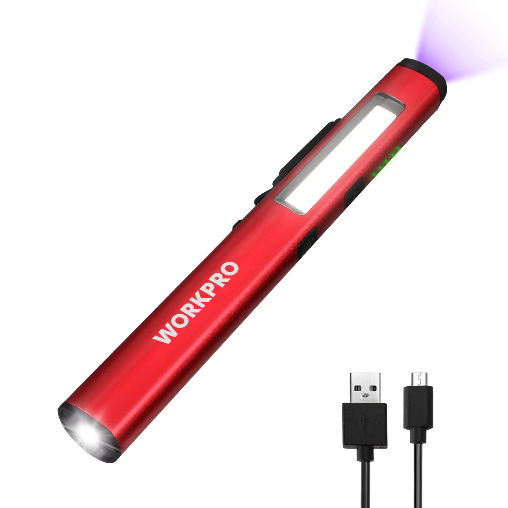 Workpro Rechargeable Pen Light, 450 Lumen Led Flashlight With 365 Nm Uv Black Light, Multifunctional Penlight For Mechanic Emerg
