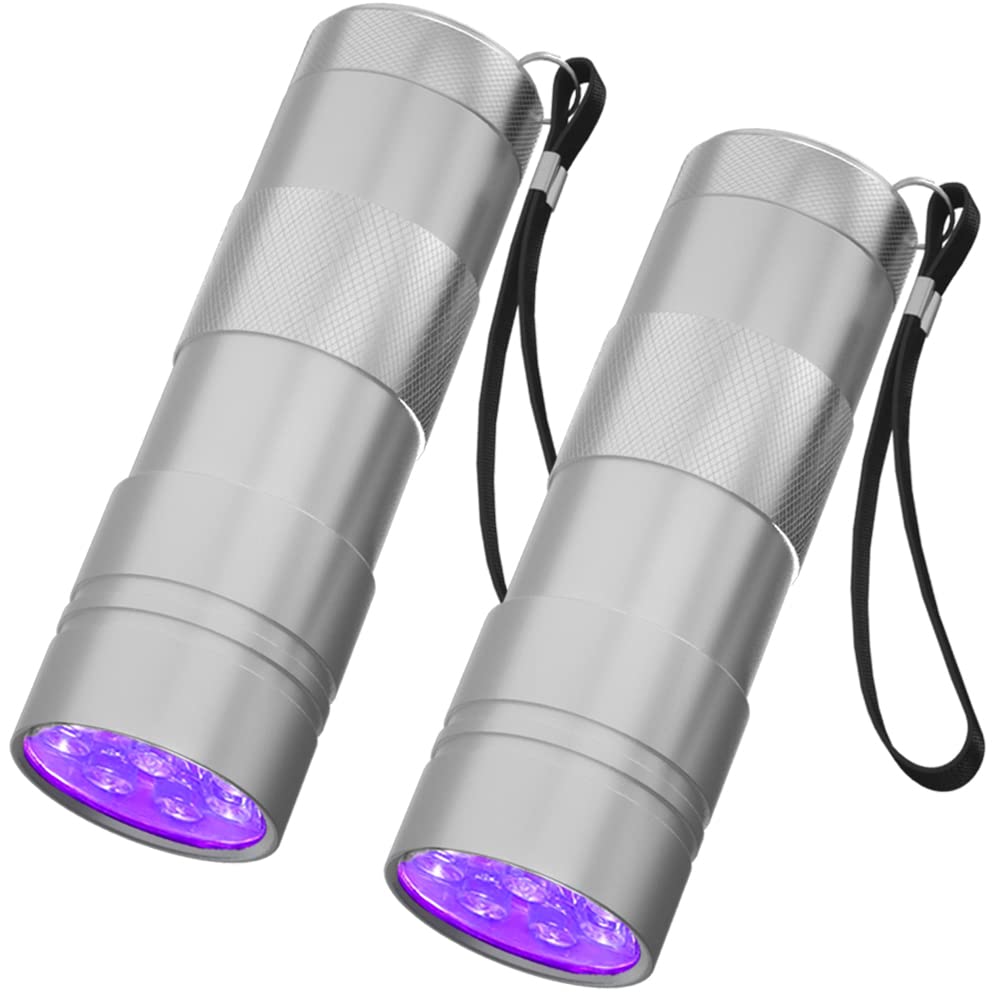 COSOOS Black Light Flashlight, 12LED 395nm UV Mini Torch, 2 Pack, Aluminum, Silver